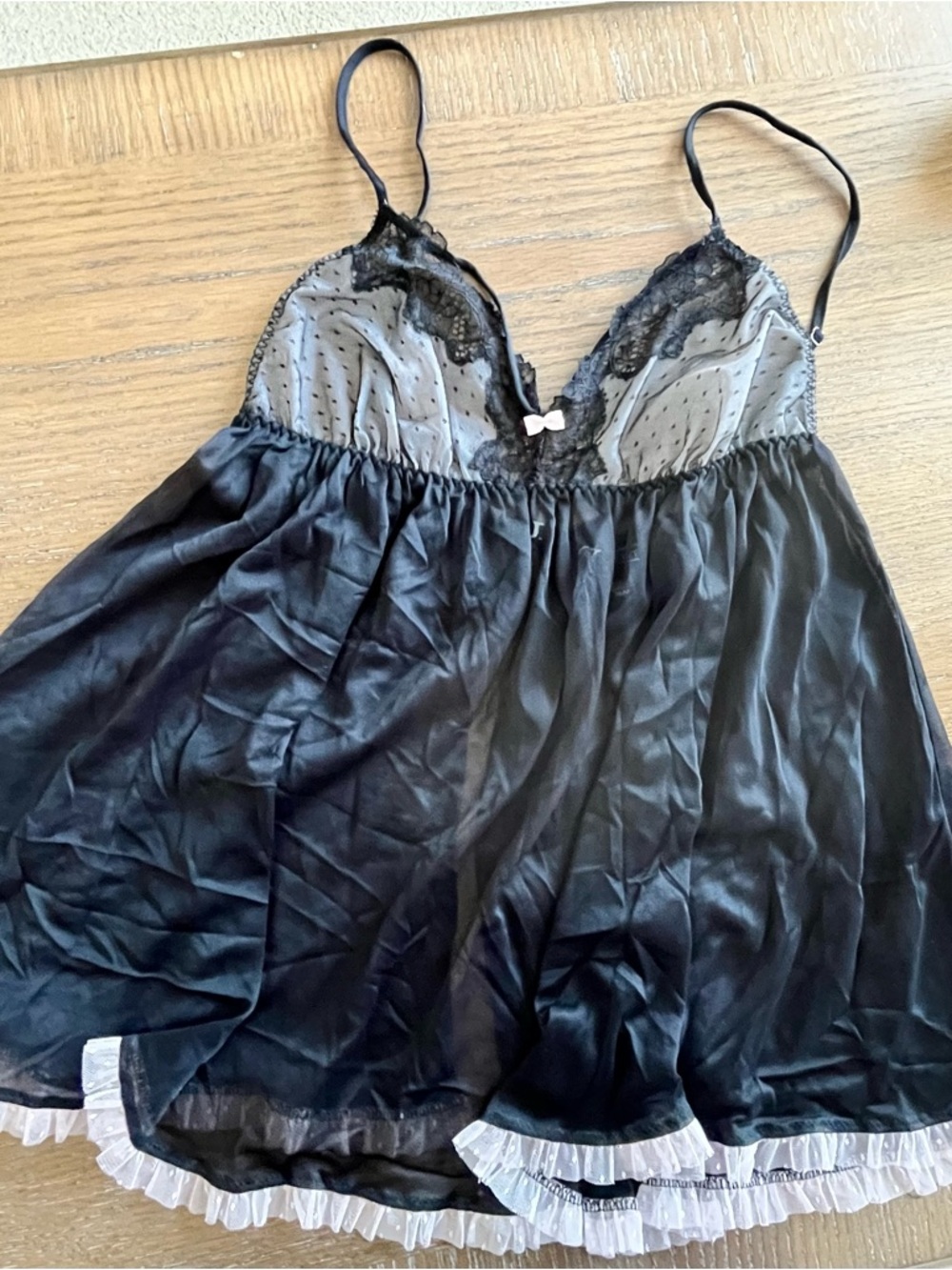 Victoria's Secret Black Swiss Dot Pink Sheer Lace-Trim Babydoll Chemise‎ Size M
